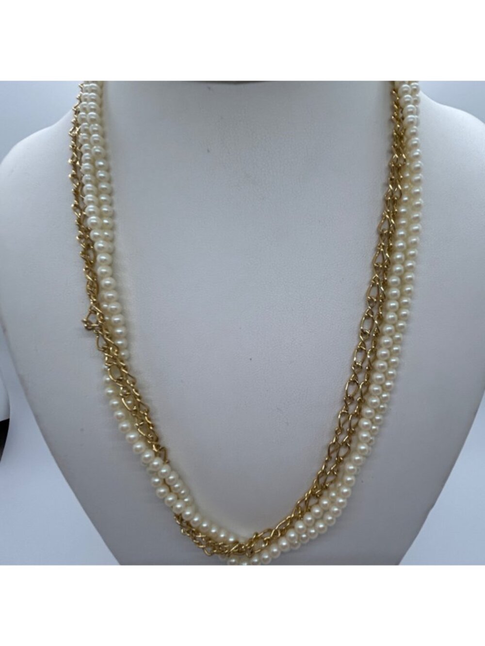 Vintage Stranded Necklace Faux Pearl Gold-tone Chain Torsade 20" Spring Ring - Picture 10 of 13